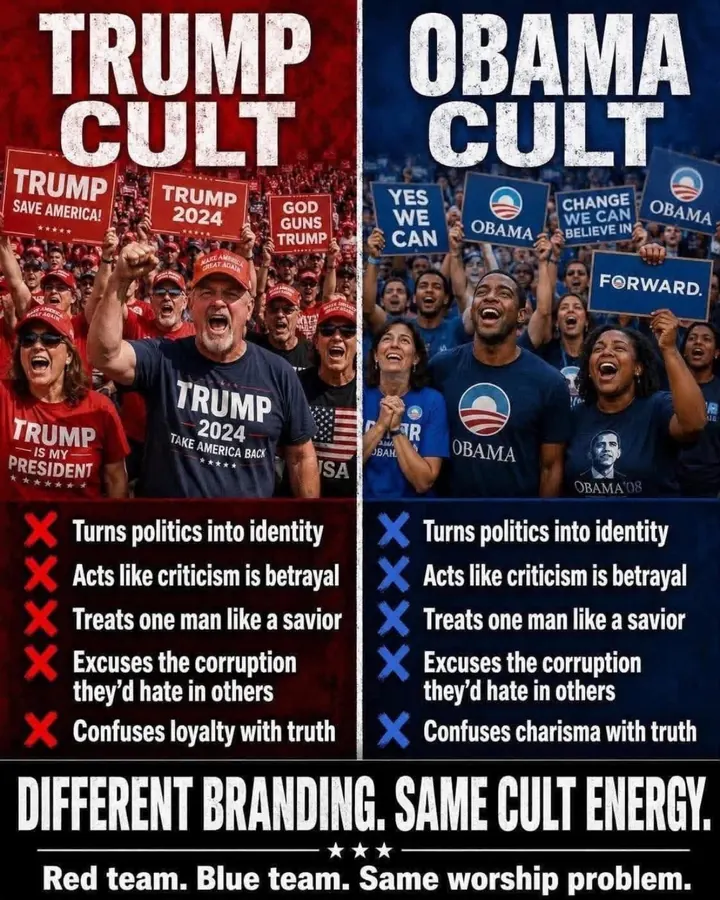 Side-by-side comparison of red and blue political rallies: different branding, same cult energy