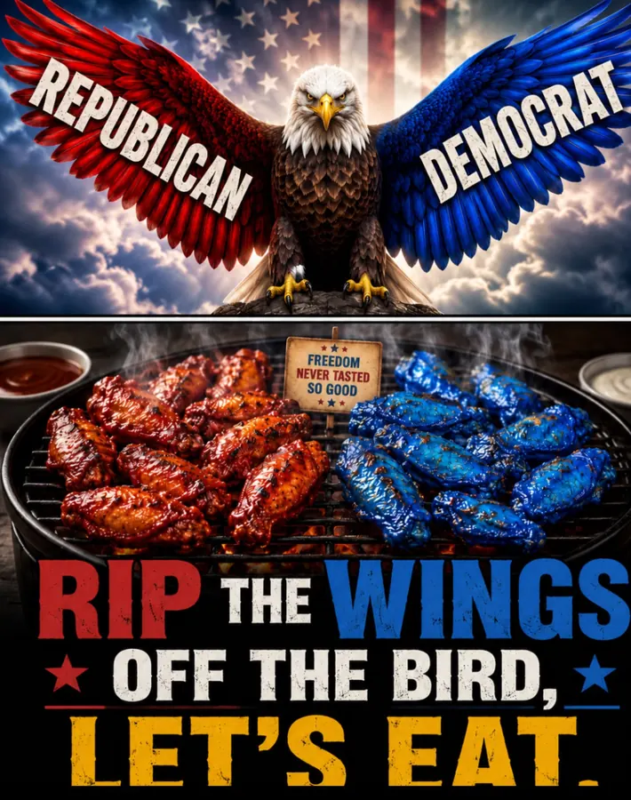 Eagle with one red wing labeled Republican and one blue wing labeled Democrat above a grill of red and blue chicken wings — rip the wings off the bird, let's eat