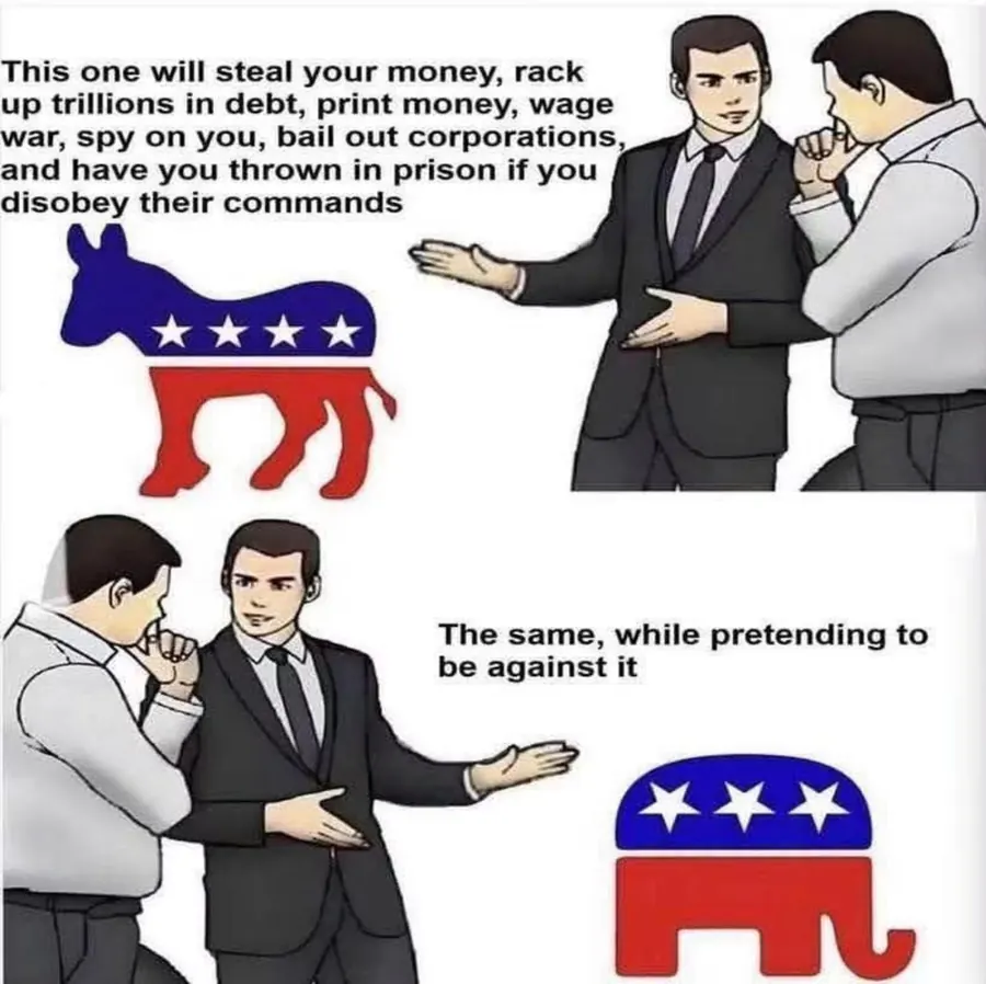 Car salesman meme: both parties grow the same government power while pretending to oppose each other