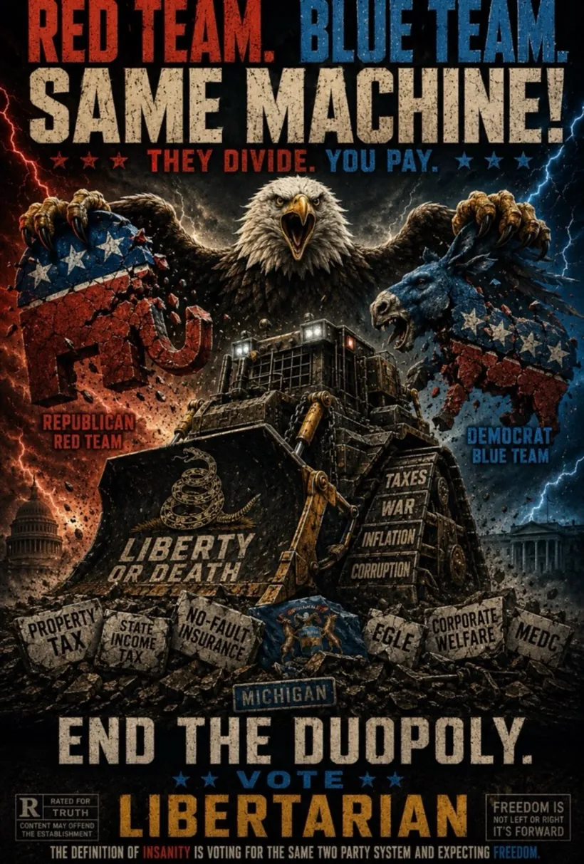 Campaign poster: Red team, blue team, same machine — they divide, you pay. End the duopoly, vote Libertarian. Stylized AI-generated artwork.