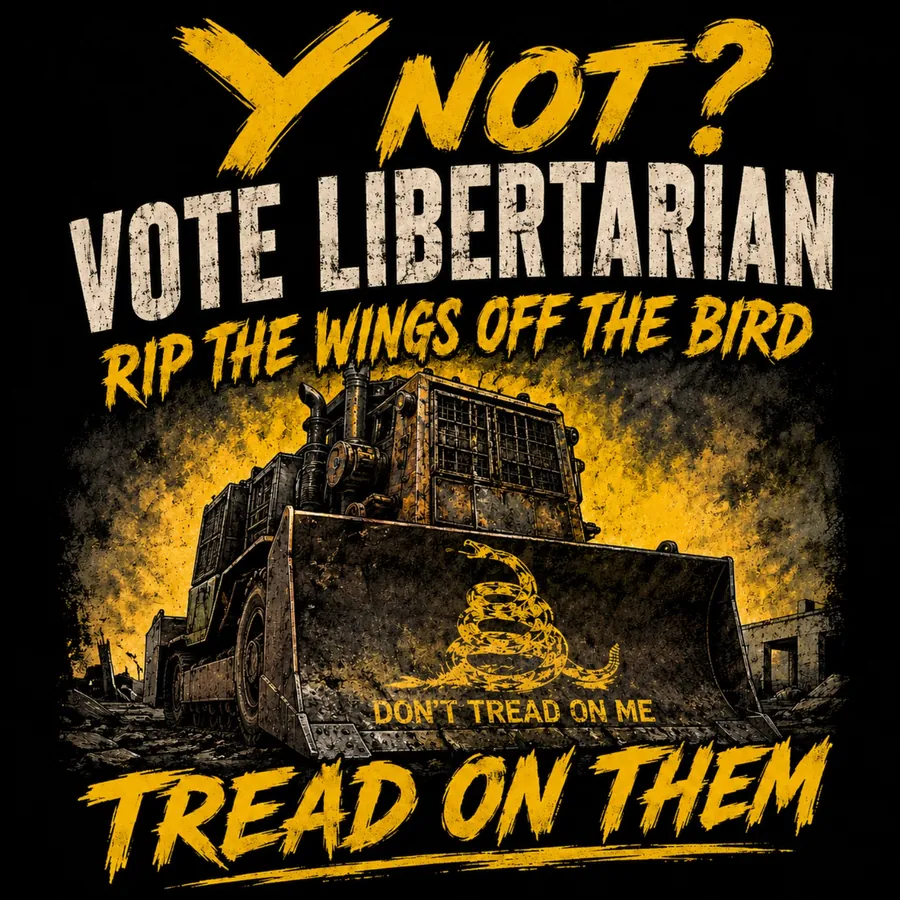 Y Not? Vote Libertarian. Rip the wings off the bird. Tread on them — armored bulldozer poster. AI-generated artwork.